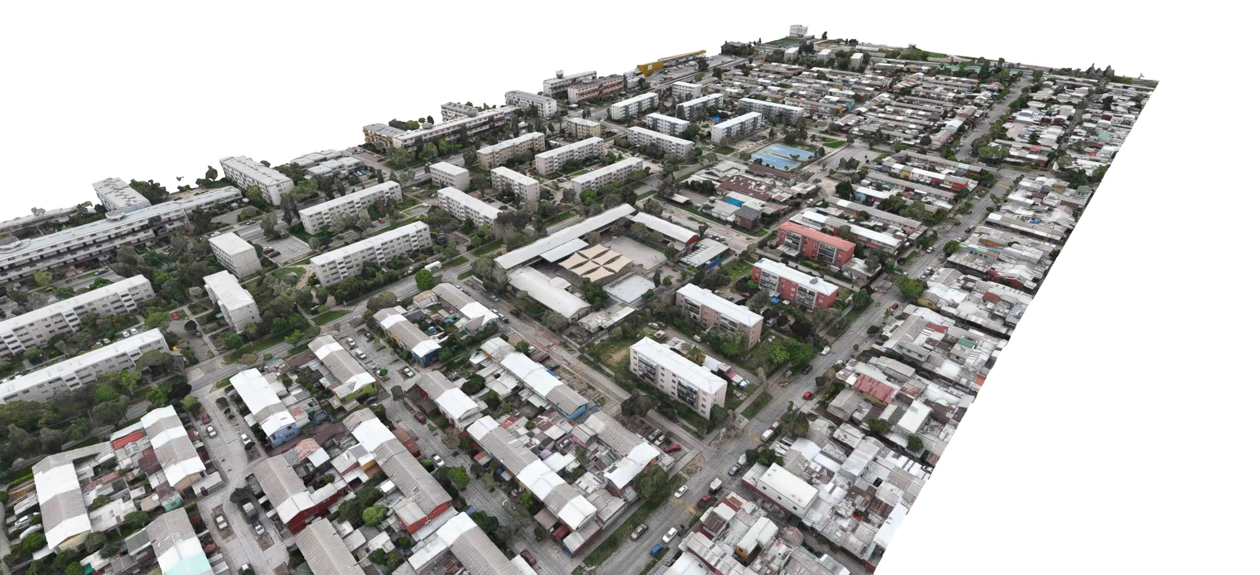 Modelo 3D aéreo de un barrio urbano, con edificios residenciales, calles, áreas verdes y viviendas de baja altura, capturado mediante fotogrametría con dron.